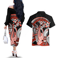 Red Polynesian Couples Matching Off The Shoulder Long Sleeve Dress and Hawaiian Shirt Hammerhead Shark Tattoo Royal Plumeria Gradient Vibes LT14 - Polynesian Pride
