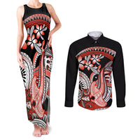 Red Polynesian Couples Matching Tank Maxi Dress and Long Sleeve Button Shirt Hammerhead Shark Tattoo Royal Plumeria Gradient Vibes LT14 Red - Polynesian Pride