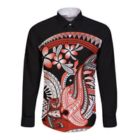 Red Polynesian Long Sleeve Button Shirt Hammerhead Shark Tattoo Royal Plumeria Gradient Vibes LT14 Unisex Red - Polynesian Pride