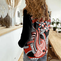 Red Polynesian Women Casual Shirt Hammerhead Shark Tattoo Royal Plumeria Gradient Vibes LT14 - Polynesian Pride