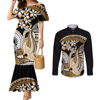 Gold Polynesian Hammerhead Shark Tattoo Couples Matching Mermaid Dress and Long Sleeve Button Shirt Royal Plumeria Gradient Vibes LT14 Gold - Polynesian Pride