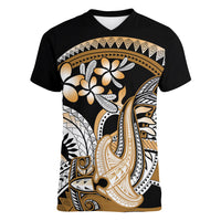 Gold Polynesian Hammerhead Shark Tattoo Women V Neck T Shirt Royal Plumeria Gradient Vibes LT14 Female Gold - Polynesian Pride