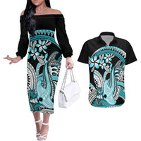 Turquoise Polynesian Hammerhead Shark Tattoo Couples Matching Off The Shoulder Long Sleeve Dress and Hawaiian Shirt Royal Plumeria Gradient Vibes LT14 Turquoise - Polynesian Pride