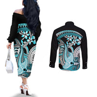 Turquoise Polynesian Hammerhead Shark Tattoo Couples Matching Off The Shoulder Long Sleeve Dress and Long Sleeve Button Shirt Royal Plumeria Gradient Vibes LT14 - Polynesian Pride