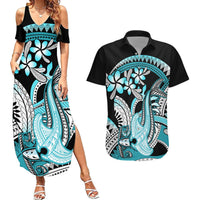 Turquoise Polynesian Hammerhead Shark Tattoo Couples Matching Summer Maxi Dress and Hawaiian Shirt Royal Plumeria Gradient Vibes LT14 Turquoise - Polynesian Pride