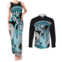 Turquoise Polynesian Hammerhead Shark Tattoo Couples Matching Tank Maxi Dress and Long Sleeve Button Shirt Royal Plumeria Gradient Vibes LT14 Turquoise - Polynesian Pride