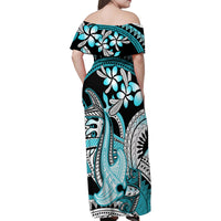 Turquoise Polynesian Hammerhead Shark Tattoo Family Matching Off Shoulder Maxi Dress and Hawaiian Shirt Royal Plumeria Gradient Vibes LT14 - Polynesian Pride