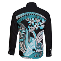 Turquoise Polynesian Hammerhead Shark Tattoo Family Matching Short Sleeve Bodycon Dress and Hawaiian Shirt Royal Plumeria Gradient Vibes LT14 - Polynesian Pride