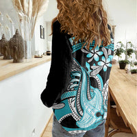 Turquoise Polynesian Hammerhead Shark Tattoo Women Casual Shirt Royal Plumeria Gradient Vibes LT14 - Polynesian Pride