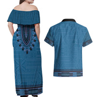 Blue African Dashiki With Fijian Tapa Pattern Couples Matching Off Shoulder Maxi Dress and Hawaiian Shirt LT14 - Polynesian Pride