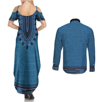 Blue African Dashiki With Fijian Tapa Pattern Couples Matching Summer Maxi Dress and Long Sleeve Button Shirt