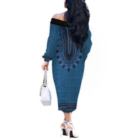 Blue African Dashiki With Fijian Tapa Pattern Off The Shoulder Long Sleeve Dress LT14 - Polynesian Pride