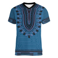 Blue African Dashiki With Fijian Tapa Pattern Women V-Neck T-Shirt