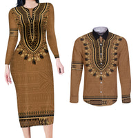Brown African Dashiki With Fijian Tapa Pattern Couples Matching Long Sleeve Bodycon Dress and Long Sleeve Button Shirt