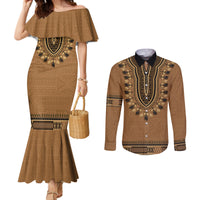Brown African Dashiki With Fijian Tapa Pattern Couples Matching Mermaid Dress and Long Sleeve Button Shirt