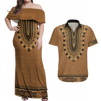 Brown African Dashiki With Fijian Tapa Pattern Couples Matching Off Shoulder Maxi Dress and Hawaiian Shirt LT14 Brown - Polynesian Pride