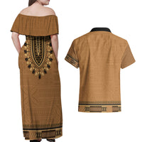 Brown African Dashiki With Fijian Tapa Pattern Couples Matching Off Shoulder Maxi Dress and Hawaiian Shirt LT14 - Polynesian Pride