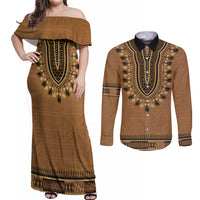 Brown African Dashiki With Fijian Tapa Pattern Couples Matching Off Shoulder Maxi Dress and Long Sleeve Button Shirt LT14 Brown - Polynesian Pride