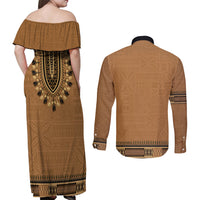 Brown African Dashiki With Fijian Tapa Pattern Couples Matching Off Shoulder Maxi Dress and Long Sleeve Button Shirt LT14 - Polynesian Pride