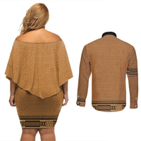 Brown African Dashiki With Fijian Tapa Pattern Couples Matching Off Shoulder Short Dress and Long Sleeve Button Shirt LT14 - Polynesian Pride