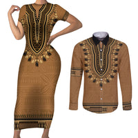 Brown African Dashiki With Fijian Tapa Pattern Couples Matching Short Sleeve Bodycon Dress and Long Sleeve Button Shirt