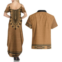 Brown African Dashiki With Fijian Tapa Pattern Couples Matching Summer Maxi Dress and Hawaiian Shirt