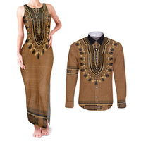 Brown African Dashiki With Fijian Tapa Pattern Couples Matching Tank Maxi Dress and Long Sleeve Button Shirt