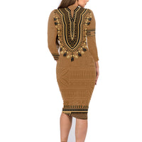 Brown African Dashiki With Fijian Tapa Pattern Family Matching Long Sleeve Bodycon Dress and Hawaiian Shirt