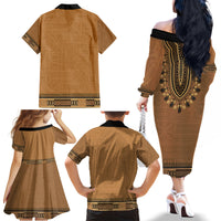 Brown African Dashiki With Fijian Tapa Pattern Family Matching Off The Shoulder Long Sleeve Dress and Hawaiian Shirt
