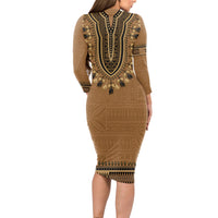 Brown African Dashiki With Fijian Tapa Pattern Long Sleeve Bodycon Dress LT14 - Polynesian Pride