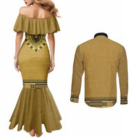 Gold African Dashiki With Fijian Tapa Pattern Couples Matching Mermaid Dress and Long Sleeve Button Shirt LT14 - Polynesian Pride