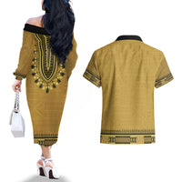 Gold African Dashiki With Fijian Tapa Pattern Couples Matching Off The Shoulder Long Sleeve Dress and Hawaiian Shirt