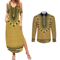Gold African Dashiki With Fijian Tapa Pattern Couples Matching Summer Maxi Dress and Long Sleeve Button Shirt