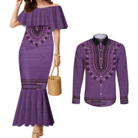 Purple African Dashiki With Fijian Tapa Pattern Couples Matching Mermaid Dress and Long Sleeve Button Shirt
