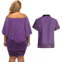 Purple African Dashiki With Fijian Tapa Pattern Couples Matching Off Shoulder Short Dress and Hawaiian Shirt