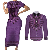 Purple African Dashiki With Fijian Tapa Pattern Couples Matching Short Sleeve Bodycon Dress and Long Sleeve Button Shirt