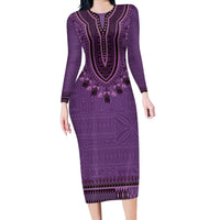 Purple African Dashiki With Fijian Tapa Pattern Long Sleeve Bodycon Dress LT14 Long Dress Purple - Polynesian Pride
