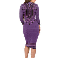 Purple African Dashiki With Fijian Tapa Pattern Long Sleeve Bodycon Dress LT14 - Polynesian Pride