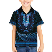Blue African Dashiki With Aotearoa Maori Family Matching Long Sleeve Bodycon Dress and Hawaiian Shirt Paua Shell Mix Silver Fern LT14 Son's Shirt Blue - Polynesian Pride