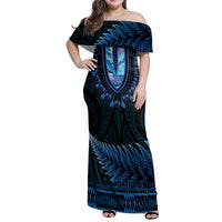 Blue African Dashiki With Aotearoa Maori Family Matching Off Shoulder Maxi Dress and Hawaiian Shirt Paua Shell Mix Silver Fern