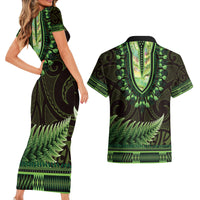 Lime Green African Dashiki With Aotearoa Maori Couples Matching Short Sleeve Bodycon Dress and Hawaiian Shirt Paua Shell Mix Silver Fern