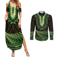 Lime Green African Dashiki With Aotearoa Maori Couples Matching Summer Maxi Dress and Long Sleeve Button Shirt Paua Shell Mix Silver Fern