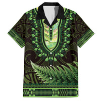 Lime Green African Dashiki With Aotearoa Maori Family Matching Off The Shoulder Long Sleeve Dress and Hawaiian Shirt Paua Shell Mix Silver Fern