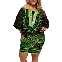 Lime Green African Dashiki With Aotearoa Maori Family Matching Off Shoulder Short Dress and Hawaiian Shirt Paua Shell Mix Silver Fern