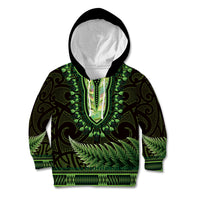 Lime Green African Dashiki With Aotearoa Maori Kid Hoodie Paua Shell Mix Silver Fern
