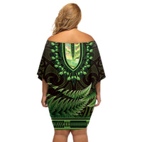 Lime Green African Dashiki With Aotearoa Maori Off Shoulder Short Dress Paua Shell Mix Silver Fern