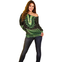 Lime Green African Dashiki With Aotearoa Maori Off Shoulder Sweater Paua Shell Mix Silver Fern
