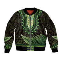 Lime Green African Dashiki With Aotearoa Maori Sleeve Zip Bomber Jacket Paua Shell Mix Silver Fern