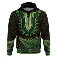 Lime Green African Dashiki With Aotearoa Maori Zip Hoodie Paua Shell Mix Silver Fern