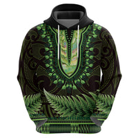 Lime Green African Dashiki With Aotearoa Maori Zip Hoodie Paua Shell Mix Silver Fern